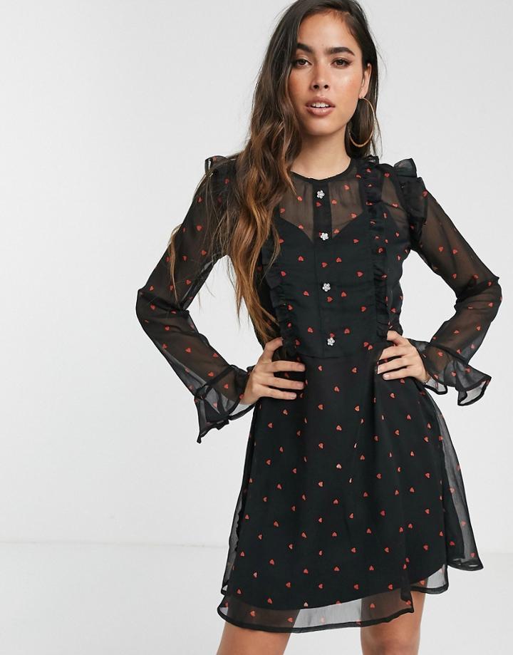 River Island Mini Tea Dress With Ruffle Detail In Black Print