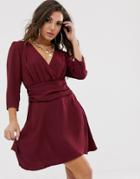 Asos Design Wrap Mini Dress With Ruched Waist-purple