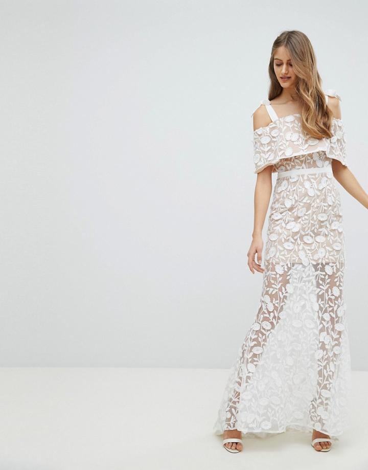 Jarlo All Over Embroidered Lace Maxi Dress With Tie Shoulder Detail - White