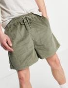Asos Design Wide Leg Cord Shorts In Khaki-green