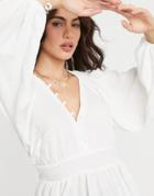 Asos Design Long Volume Sleeve Top With Shirred Waist In Ivory-white