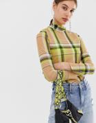River Island Long Sleeve Mesh Top In Neon Check-yellow