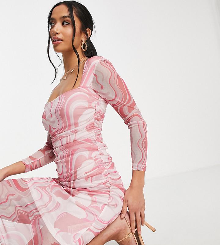 Miss Selfridge Petite Mesh Ruched Midi Dress In Pink Swirl