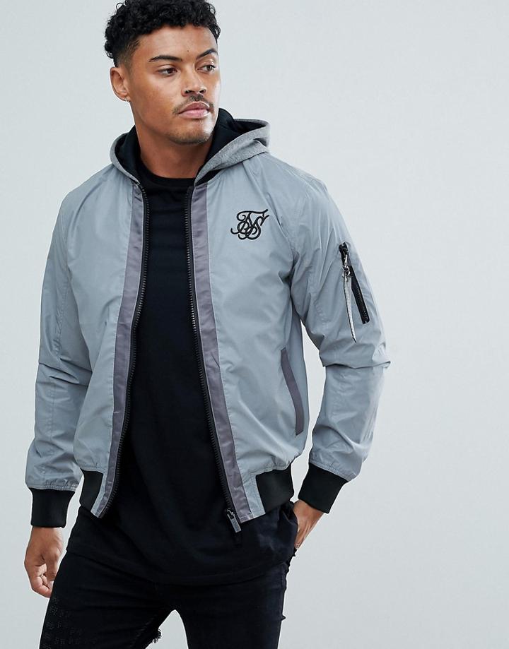 Siksilk Reflective Bomber Jacket With Hood - Gray
