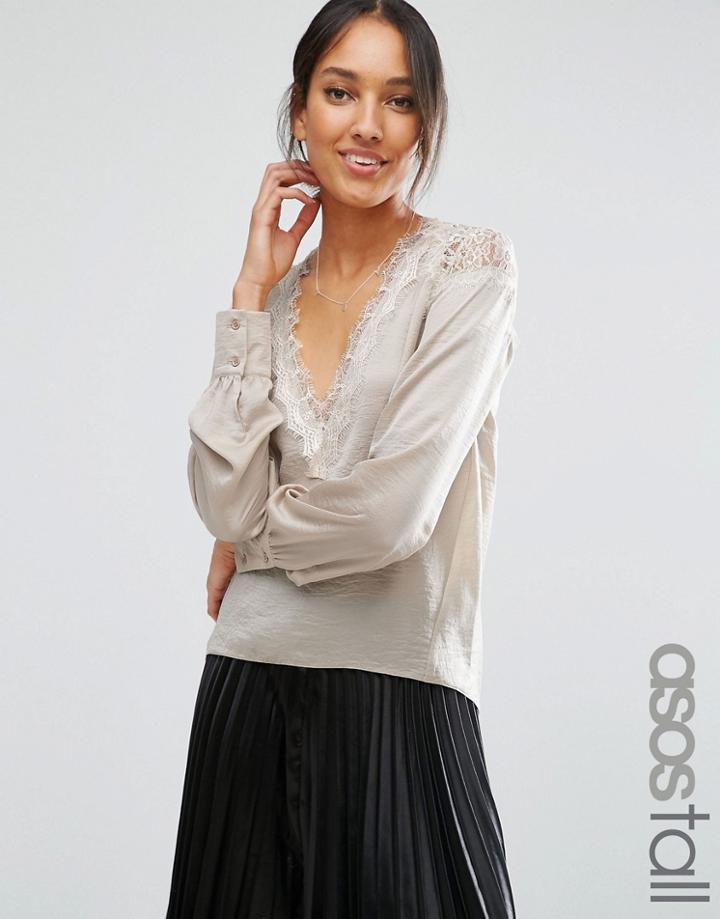 Asos Tall Satin Blouse With Lace Insert - Gray