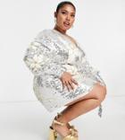 Asos Edition Curve Floral Sequin Wrap Mini Dress In White And Silver