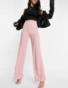 Flounce London Basic High Waist Ribbed Wide Leg Pants In Blush-pink