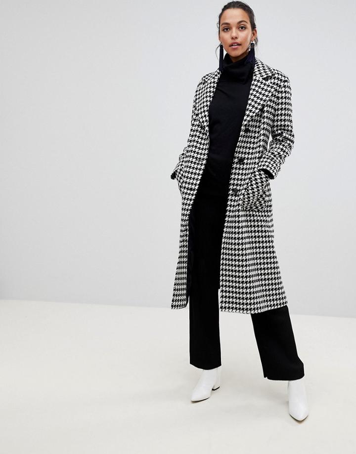 Helene Berman Longline Belted Hounstooth Check Coat In Wool Blend - Black
