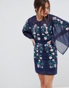 Frock & Frill Kimono Sleeve Shift Dress With Embroidered Detail - Navy