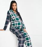 Chelsea Peers Maternity Cotton Revere Top And Trouser Pyjama Set In Contrast Check Print - Navy