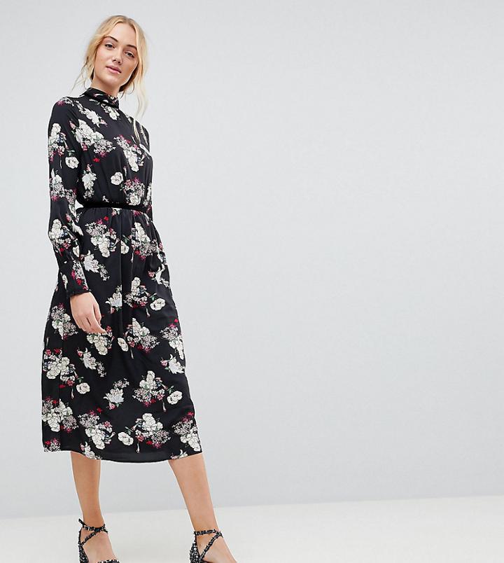 Influence Tall Velvet Trim Detail Floral Midi Dress-black