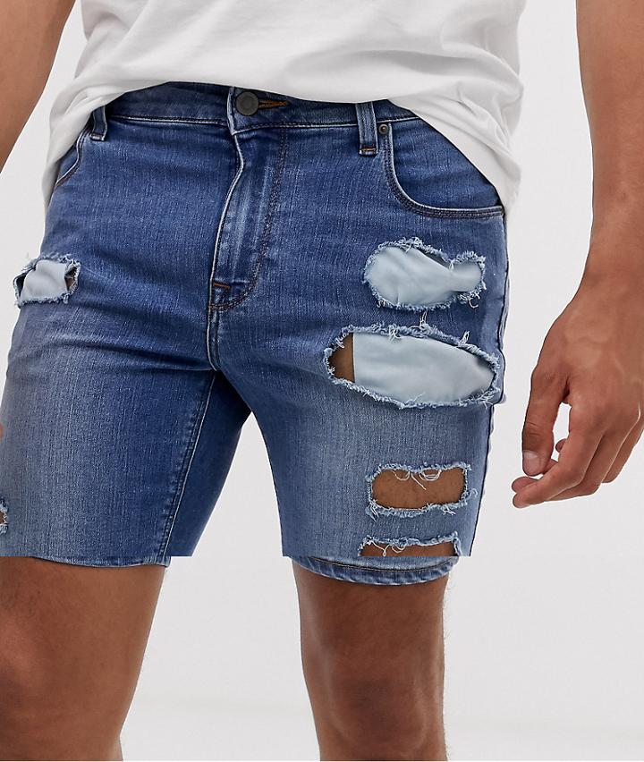 Asos Design Super Skinny Denim Shorts In Mid Wash Blue With Rips - Multi