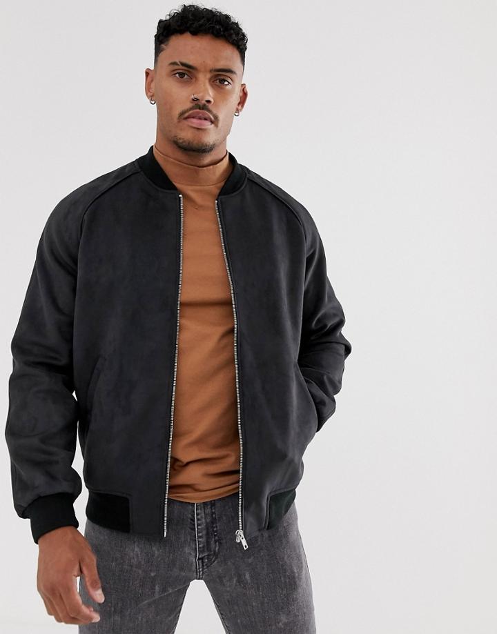Asos Design Faux Suede Bomber Jacket In Black