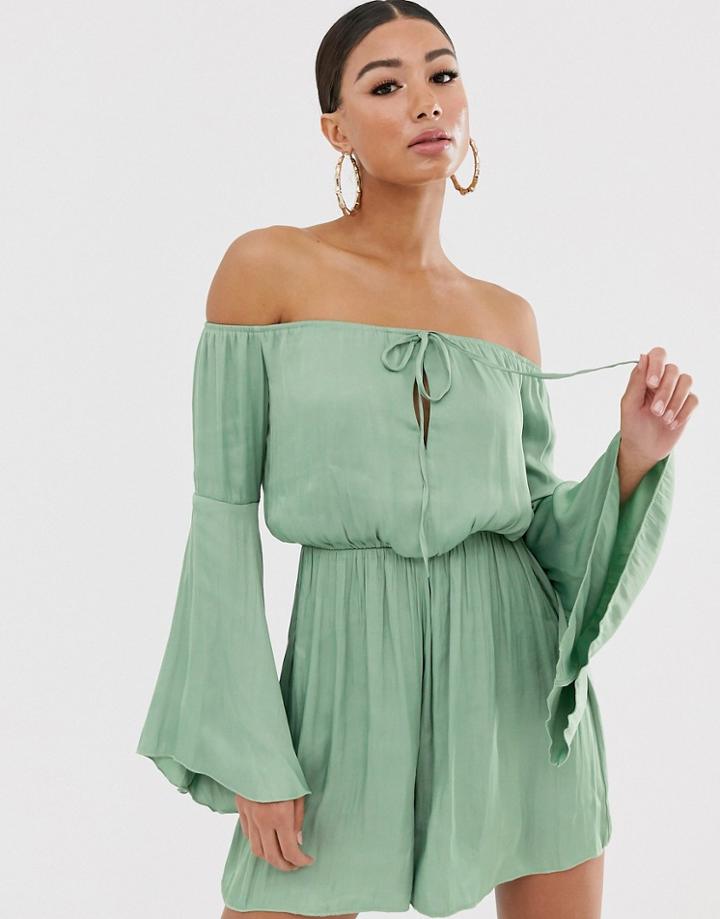 Koco & K Off Shoulder Bell Sleeve Romper In Sage Green