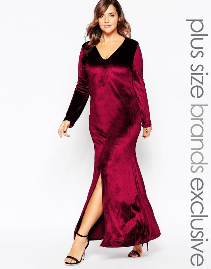 Club L Plus Velvet Plunge Front Maxi Dress - Burgundy