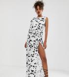 Asos Design Tall One Sleeve Maxi Dress In Mono Smudge Print-multi