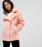 Asos Petite Aviator Jacket In Faux Suede-pink