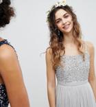 Maya Cami Strap Sequin Top Tulle Detail Midi Bridesmaid Dress - Gray