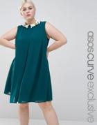 Asos Curve Pleat Swing Dress With Flower Embellished Collar - Green