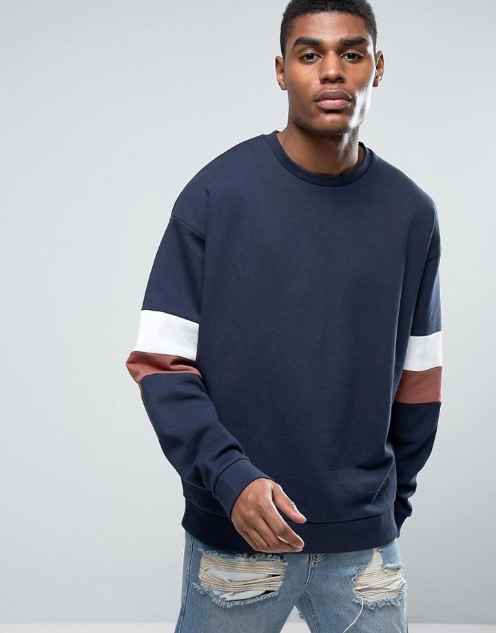 Asos Oversized Sweatshirt With Sleeve Panels - Navy