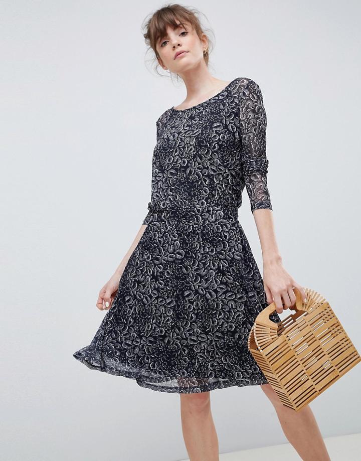 Ichi Printed Skater Dress With Sheer Sleeves-black