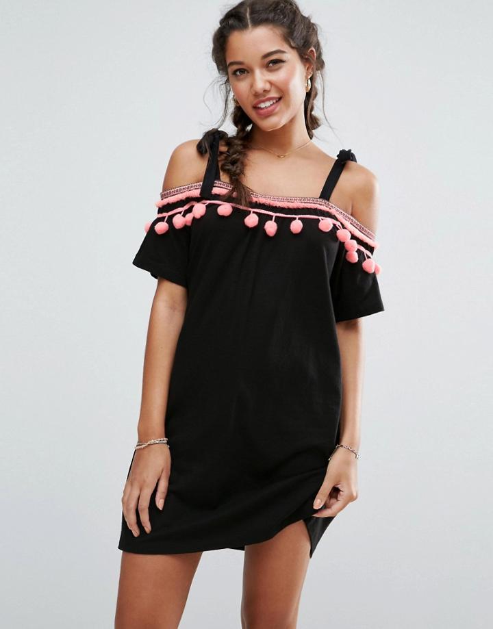 Asos Sundress With Cold Shoulder And Crochet Trim Detail - Black