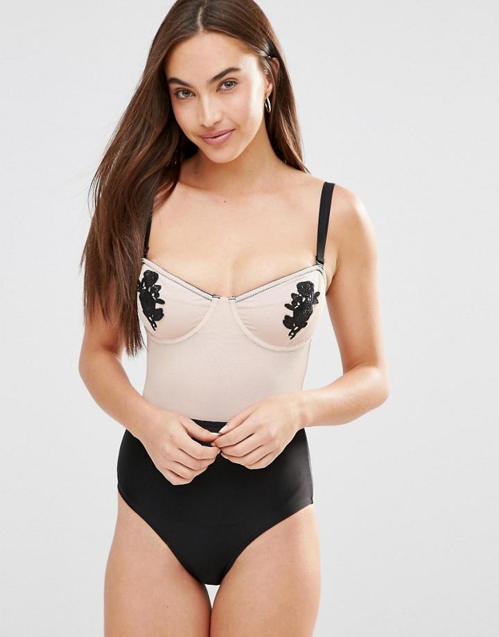 Wolf & Whistle Mesh Applique High Neck Swimsuit - Black