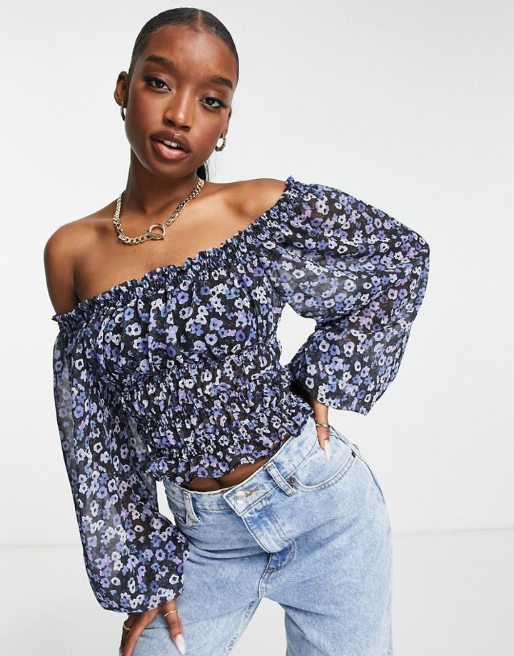 Trendyol Bardot Blouse In Floral Print-blue