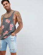 Asos Design Extreme Racer Back Tank With All Over Floral Print - Black