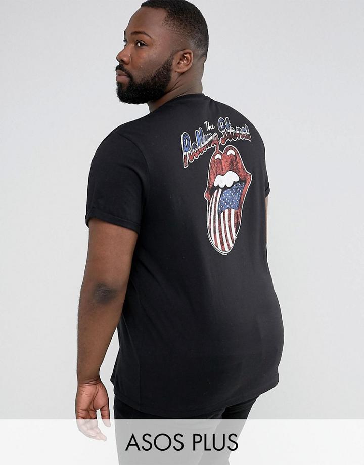 Asos Plus Rolling Stones Longline Band T-shirt With Roll Sleeves - Black