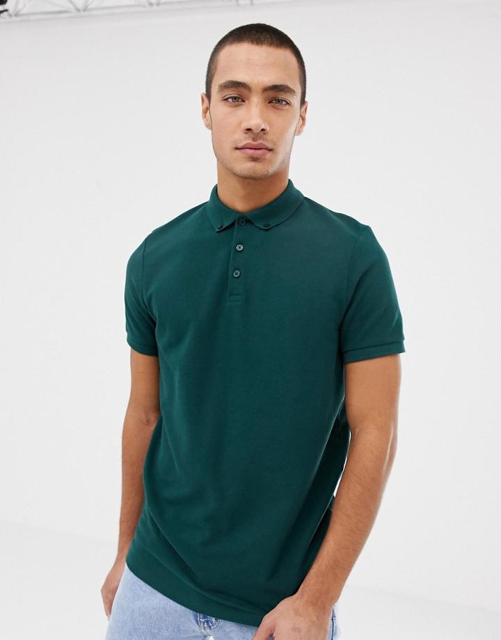 Asos Design Polo In Pique With Button Down Collar In Green - Green