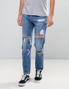 Asos Slim Ankle Grazer Jeans With Mega Rips In Mid Blue - Blue