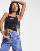 The Ragged Priest Grunge Ribbed Crop Top With Chain Straps And Cut Out Detail-black