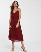 Asos Design Pleated Cami Midi Dress With Drawstring Waist In Oxblood-red
