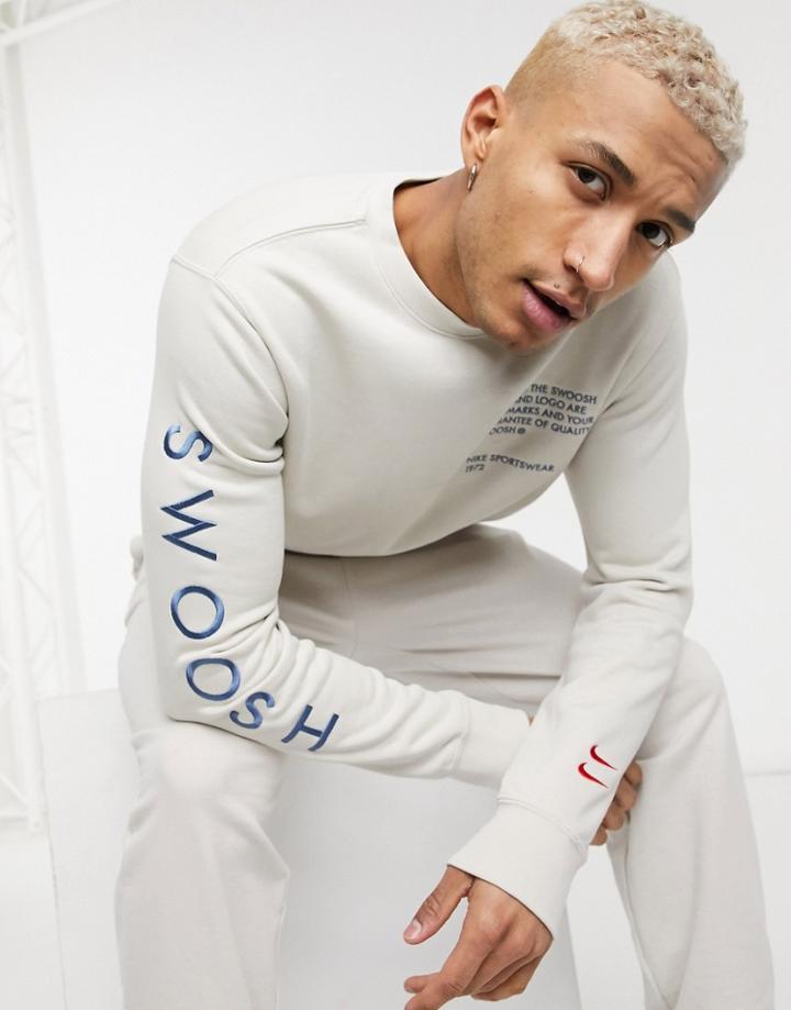 Nike Swoosh Crew Neck Sweatshirt In Off White-brown