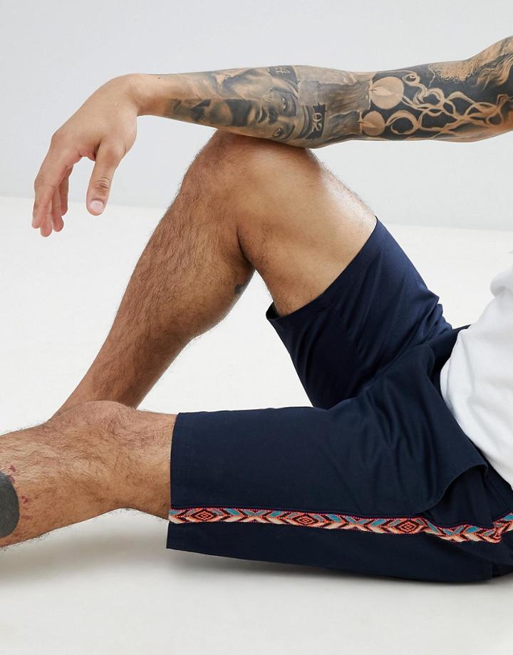 Asos Design Slim Chino Shorts In Navy With Geo-tribal Side Tape - Navy