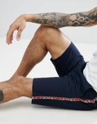 Asos Design Slim Chino Shorts In Navy With Geo-tribal Side Tape - Navy
