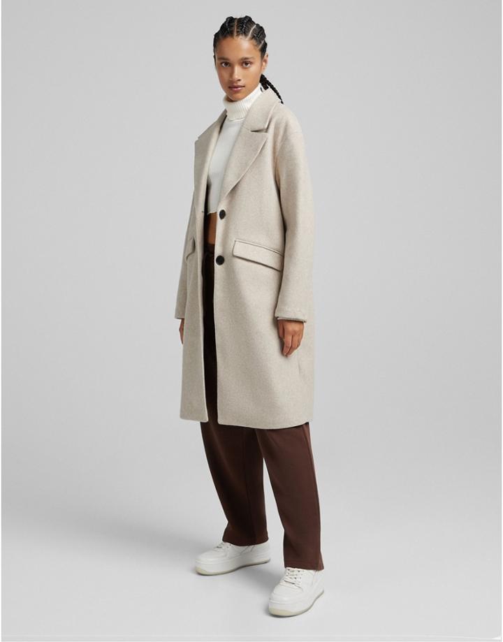 Bershka Tailored Coat In Cream-white