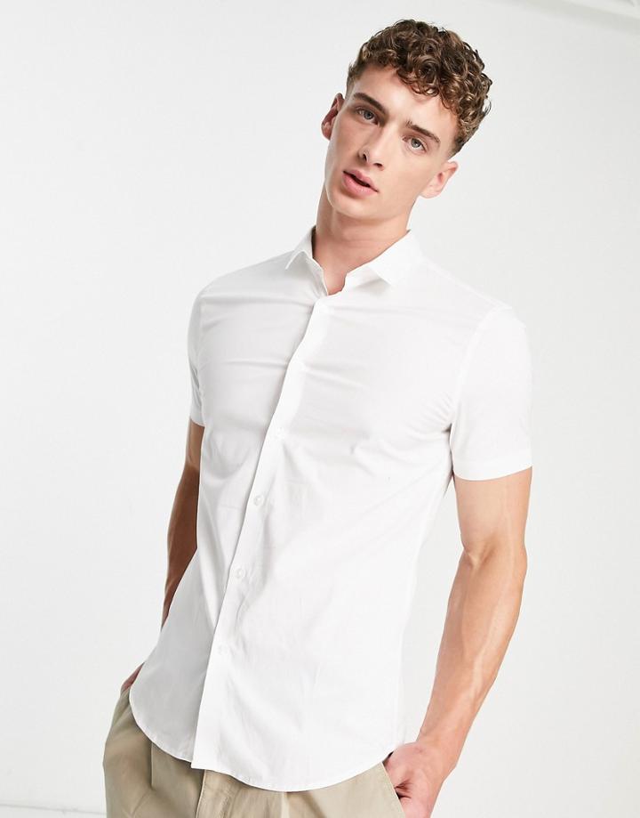 New Look Short Sleeve Muscle Fit Poplin Shirt In White