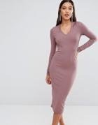 Club L Long Sleeve Ribbed Bodycon Midi Dress With Detachable Cowl Neck - Pink