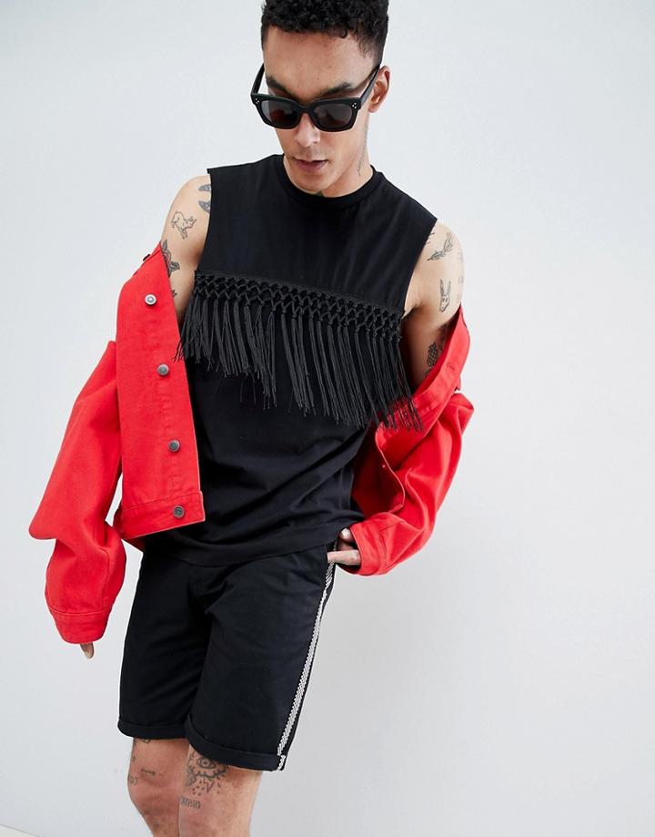 Asos Design Sleeveless T-shirt With Fringe Detail In Black - Black