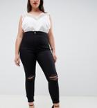 Asos Design Curve Rivington High Waisted Jeggings With Frayed Knee Rip Detail - Black