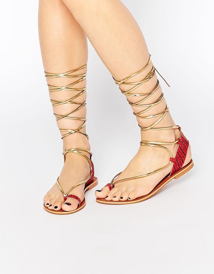 Asos Fox Leather Tie Leg Flat Sandals - Red