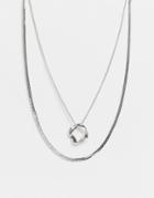 Designb London Multirow Necklace With Flat Chain And Circle Pendant In Silver