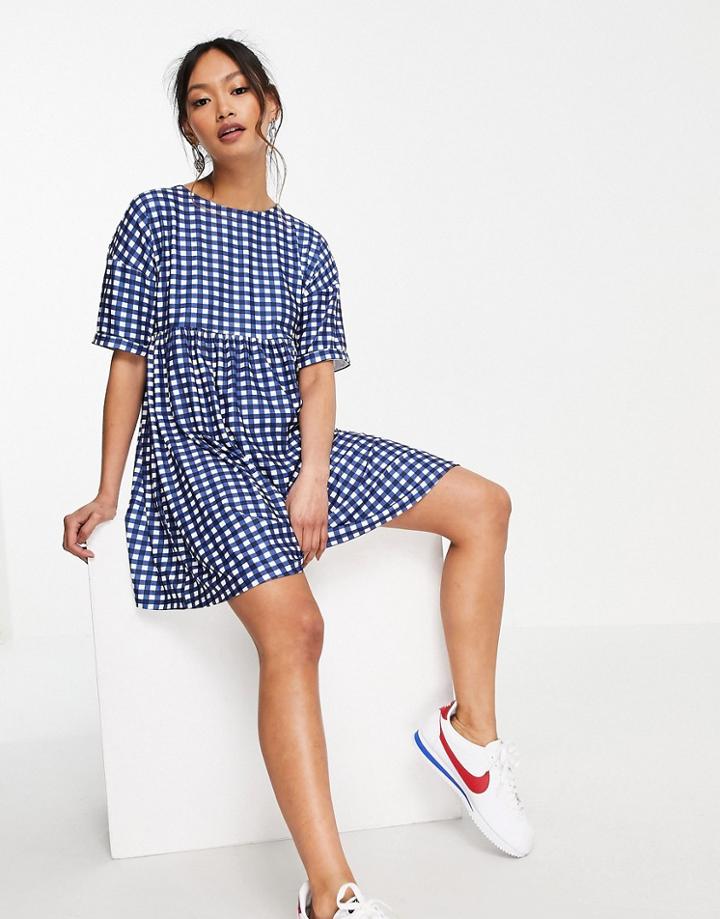 Urban Threads Smock Mini Dress In Navy Gingham Print-blues