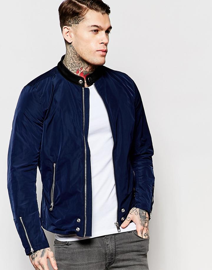 Diesel Jacket J-edgea Clean Lightweight Nylon Biker In Navy - 81e