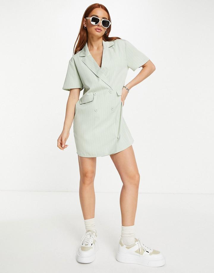 Lola May Blazer Mini Dress In Sage Pinstripe-white