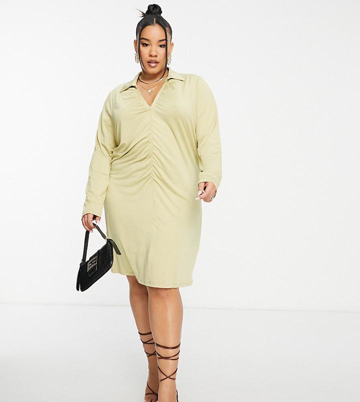 Vero Moda Curve Ruched Front Mini Shirt Dress In Olive-green