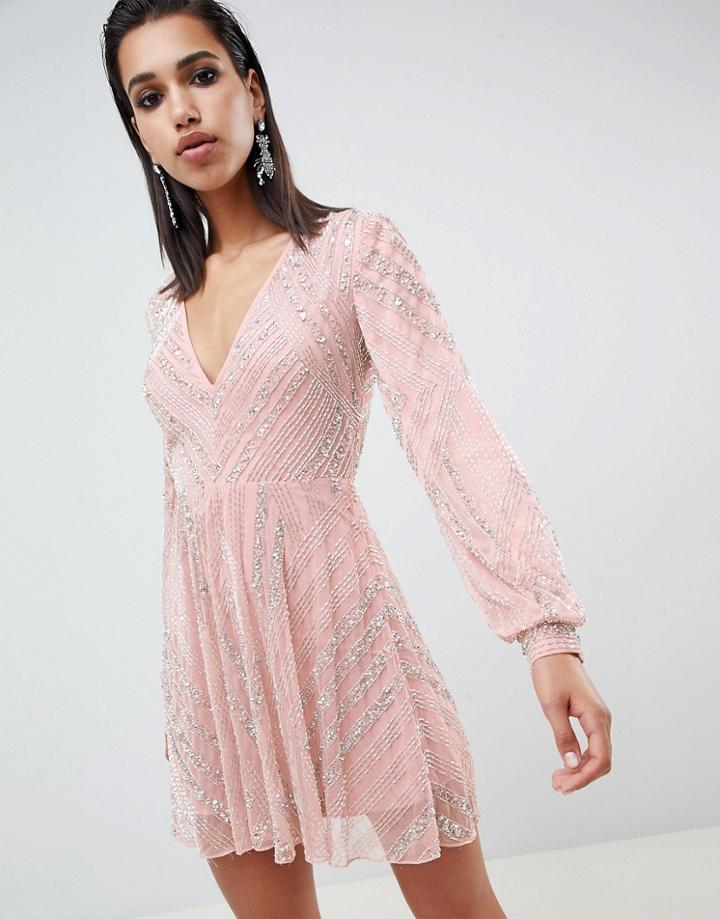 Asos Edition Linear Beaded Skater Dress With Blouson Sleeve-multi