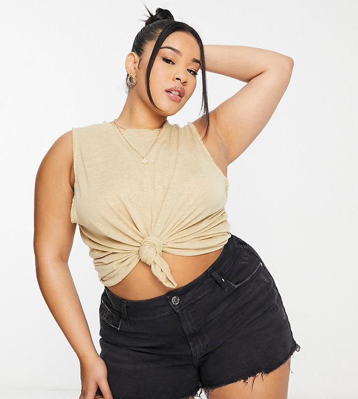 Asos Design Curve Oversized Tank Top In Linen Mix In Sand-neutral